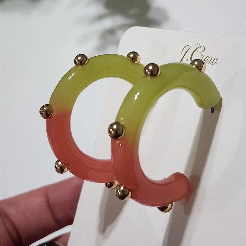 J. Crew Ombre Resin Studded‎ Hoop Earrings Green Pink Gold Tone Statement New